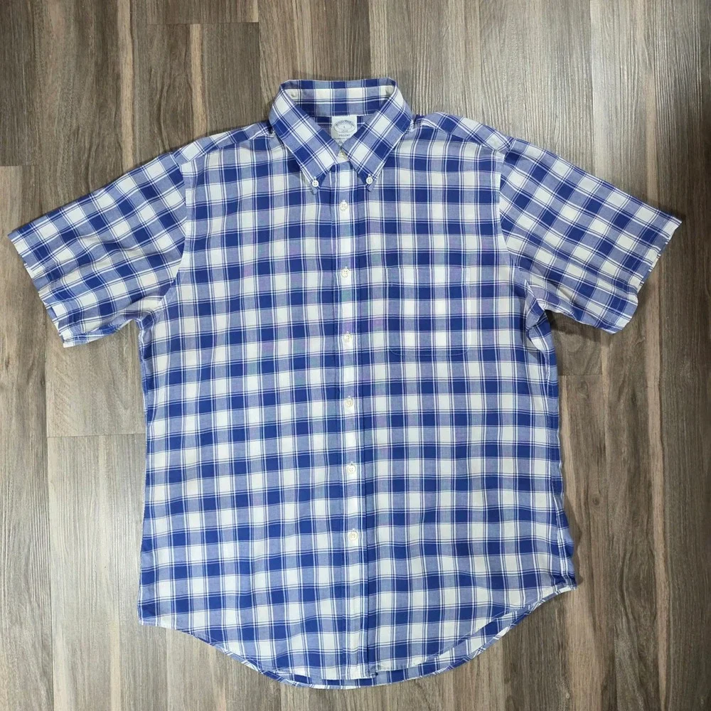 Brooks Brothers Regent Fit Blue White Plaid Short Sleeve‎ Cotton Shirt Mens L